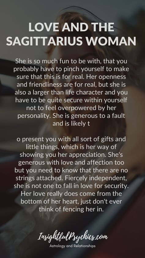 Sagittarius women are fun, outgoing, and a little larger-than-life. They're generous with gifts and love, but fiercely independent. Don't expect to tie her down – a Sagittarius lady needs freedom.  #sagittarius #firesign #independent #love #zodiac #sagittariuswoman #sagittariuswomen Facts About Sagittarius Women, Sagittarius Quotes Facts Women, Sagittarius Facts Women, Sagittarius Women Personality, Aries Man Sagittarius Woman, Sagittarius In Love, Lady Sagittarius, Sagittarius Things, Sagittarius Queen