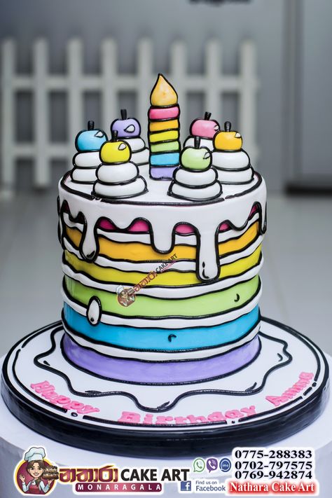 Rainbow Comic Cake, Cartoon 2d Cake, Cartoon Style Birthday Cake, Comic Cartoon Cake Ideas, 2d Comic Cake Ideas, Doodle Cake Design, Pop Art Cakes, Cartoon Cake Designs Birthday, Cartoon Cake For Boys