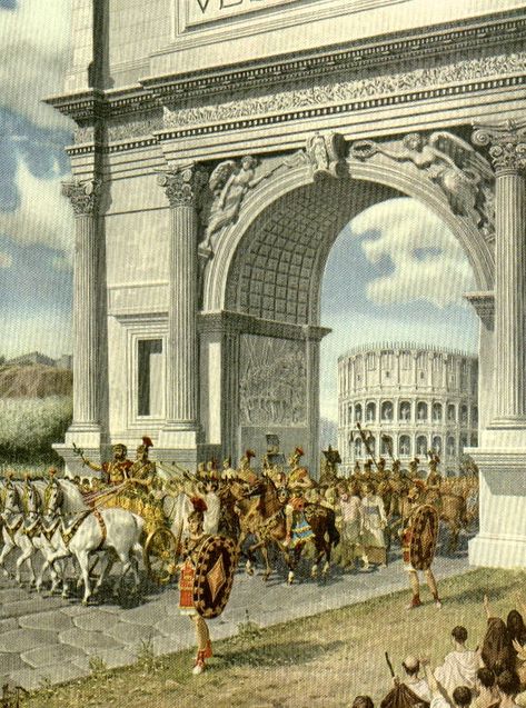 Triumphal procession through the Arch of Titus in the Roman Forum, commemorating the sack of Jerusalem. A Triumph through the streets of Rome was one of the highest honors accorded to a Roman general. Roman Triumph, Arch Of Titus, Imperiul Roman, Punic Wars, Roman Legion, Roman Republic, Empire Romain, Ancient Warfare, Roman Architecture