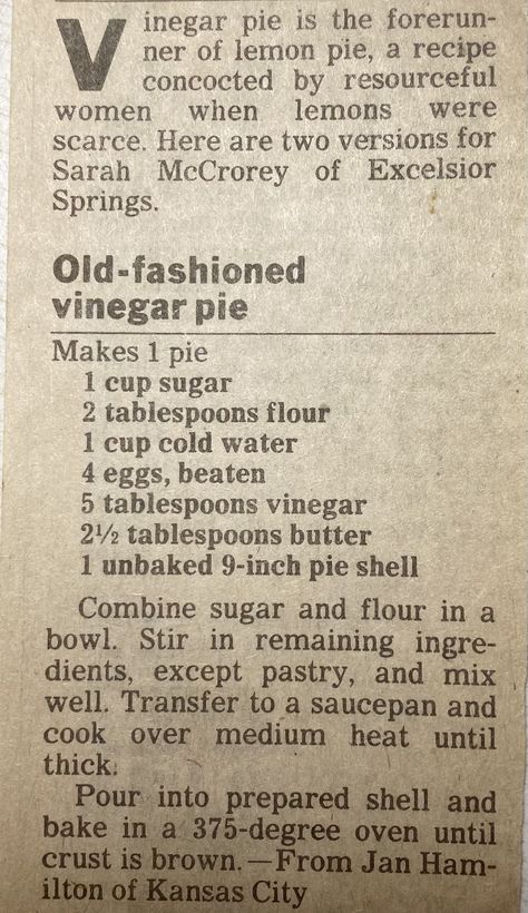 Vinegar Pie Recipe, Old Pie Recipes, Vinagre Pie, Honey Vinegar Pie, Pie Crust Recipe With Egg And Vinegar, Pie Crust With Butter And Vinegar, Vinegar Pie Old Fashioned, Pie Crust Using Vinegar And Egg, Vinegar Pie