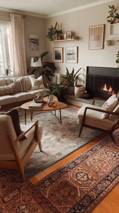 Create the ultimate relaxation space with these 10 cozy living room ideas. From layering rugs and incorporating a fireplace to choosing the right furniture arrangement, these tips will help you design a living room that feels cozy, comfortable, and perfect for unwinding. Transitional Bohemian Living Room, Maine Living Room, Cozy Sitting Room Ideas With Fireplace, Cozy Comfortable Living Room, Cozy Lived In Home, Non Traditional Living Room Ideas, Clean Rustic Living Room, Cozy Organic Living Room, Small Living Room Layout With Fireplace And Tv Sectional Sofas