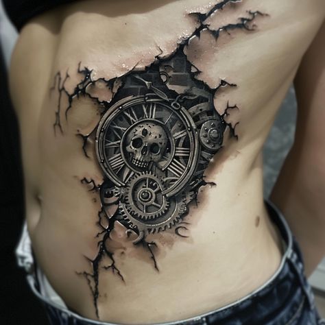 This striking tattoo on the ribcage features a detailed steampunk-inspired design, seamlessly blending elements of time and mortality. Gear Tattoo Design, Steampunk Tattoo Ideas, Time Clock Tattoo, Steampunk Tattoo Design, Scroll Tattoos, Gear Tattoo, Steampunk Tattoo, Powerful Symbols, Ribcage Tattoo