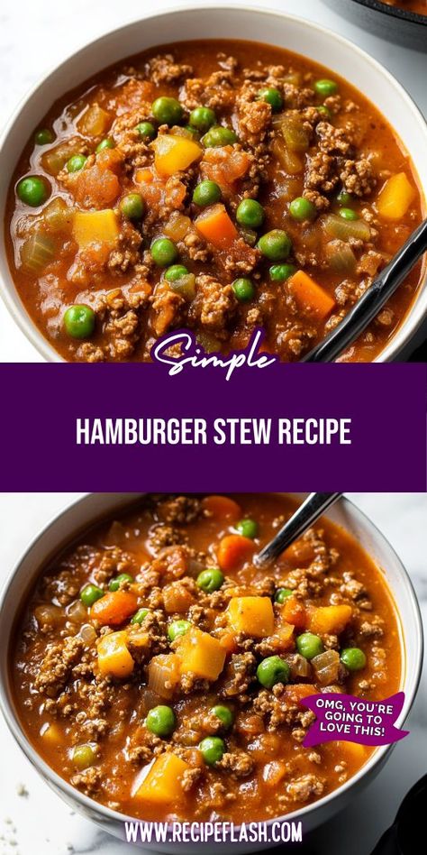 Searching for a one-pot meal that’s both delicious and simple? This Hamburger Stew Recipe features ground beef and fresh veggies, making it the ultimate comfort food. Save it for later and impress your family with this easy and flavorful stew! Hamburger Beef Stew Crockpot, Instapot Hamburger Stew, Hamburg Stew Recipes, Stew Ground Beef Recipes, Ground Beef Beef Stew, Paleo Ground Beef Soup, Hamburger Dishes Dinners, Stew With Hamburger Meat, Slow Cooker Hamburger Stew