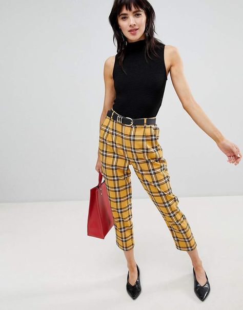 Stradivarius yellow plaid pants # Yellow Plaid Pants Outfit, Plaid Pants Outfit Work, Checked Pants Outfit, Checkered Pants Outfit, Yellow Plaid Pants, Plaid Pants Outfit, Tartan Trousers, Checked Pants, Tartan Pants