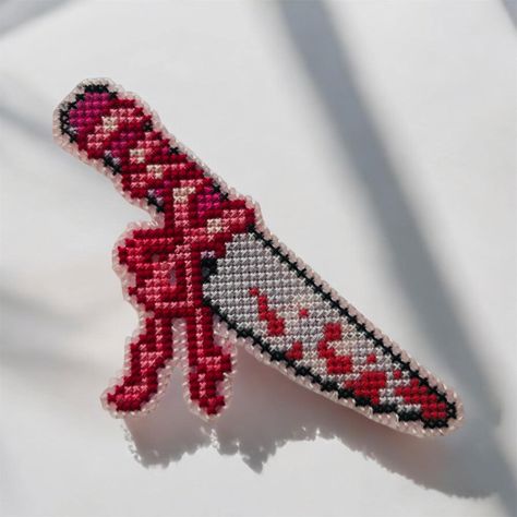 Knife Cross Stitch, Knife With Blood, Cartoon Knife, Knife Cartoon, Red Knife, Bag Clothes, Bag Badges, Favourite Characters, Pin Badges