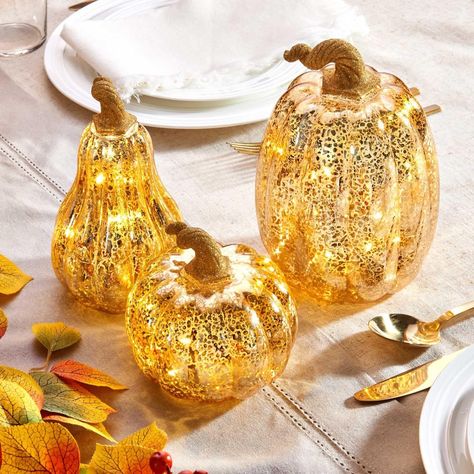 FESTIVE & ELEGANT - This set of three decorative pumpkin lights features a speckled gold finish inspired by classic mercury glass. Perfect for parties, everyday home decor or place on your dinner table. | Dimensions - Small: 4”D by 6.7”H, Medium: 4.25”D by 4.75”H, Large: 5”D by 8.7”H. WARM WHITE GLOW - Delicate, warm white fairy lights inside each pumpkin add enchanting atmosphere. Large pumpkin includes 10 LED lights, medium squash and small pumpkin include 7 LEDs each. Pumpkin Lamp, Halloween Party Decoration, Pumpkin Lantern, Mercury Glass, Halloween Pumpkin, Battery Operated, Pumpkins, Thanksgiving, Led