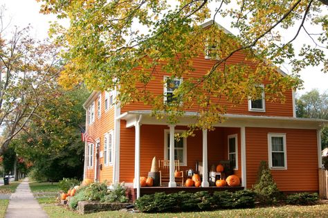 Bronco Orange House! Fall Cottage, Pumpkin House, Orange House, Diy Network, Home Remodel, Farmhouse Cottage, Farmhouse Exterior, Cabins And Cottages, Next Home