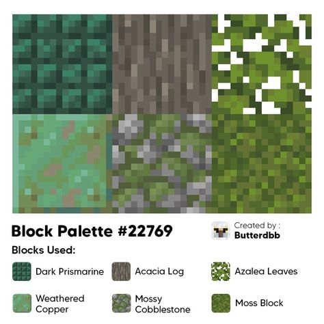 Block Palettes on Instagram: “Palette 22769 Created by : Butterdbb DM us your builds with our palettes to get featured! Find more Minecraft block palettes on our…” Minecraft Green Color Palette, Minecraft Village Color Palette, Minecraft Block Platte, Minecraft Desert Block Palette, Blue Minecraft Block Palette, Copper Block Palette Minecraft, Minecraft Blocks Palette, Minecraft Mangrove Palette, Minecraft Block Combos