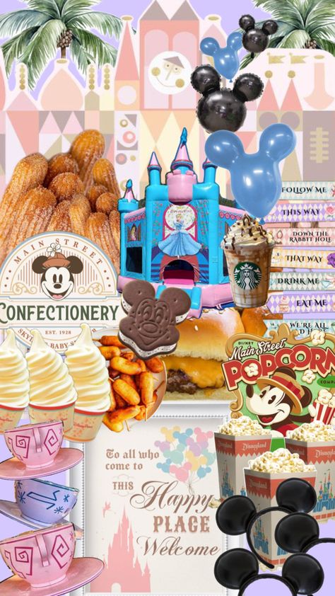 Mickey ice cream, dole whip, mad tea cups, Mickey Mouse ears, it’s a small world phot background Disneyland Backdrop, Disneyland Birthday, Pastel Vintage, Vintage Disneyland, Some Ideas, Baby Disney, Themed Party, 3rd Birthday, 2nd Birthday