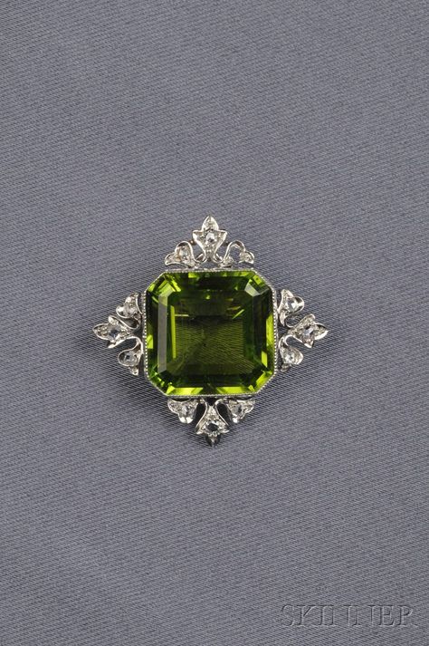 Sold at auction Edwardian Platinum, Peridot, and Diamond Brooch/Pendant, Marcus & Co. for sale in auction. Auction Number 2539B, Lot Number 687. Bid on similar items for sale at auction Peridot Brooch, Edwardian Jewelry, Peridot Jewelry, Diamond Brooch, Deco Jewelry, Maker's Mark, Vintage Jewels, Gorgeous Jewelry, Belle Epoque