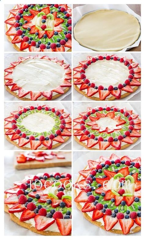 Fruit Pizza With Cream Cheese, Pizza With Cream Cheese, Fruit Pizza Frosting, Whip Frosting, Fruit Pizza Designs, Strawberries And Bananas, Pizza Dessert, Pizza Cups, Pizza Birthday