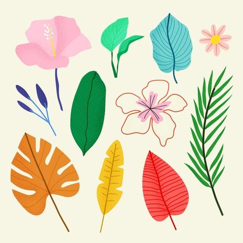 Tropical Leaf Illustration, Tropical Flower Illustration, Tropical Doodles, Gouache Florals, Flower Murals, Tropical Flowers Illustration, Tropical Leaves Illustration, Botanical Images, Wildflower Drawing