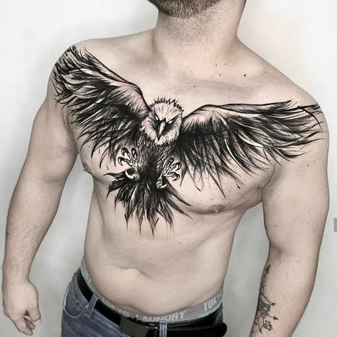 Tato Phoenix, Eagle Chest Tattoo, Wrist Band Tattoo, Wing Tattoo Men, Small Chest Tattoos, Crow Tattoo, Cool Chest Tattoos, Eagle Tattoos, Back Tattoos For Guys