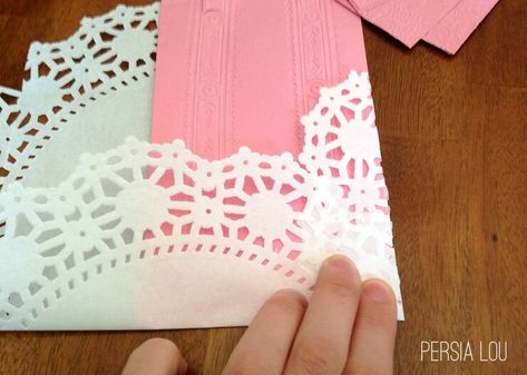 DIY Lacy Paper Doily Envelopes - Persia Lou Crafts With Paper Doilies, Fancy Tea Party, Embossed Invitations, Fancy Tea, Paper Doilies, Calligraphy Styles, For My Daughter, First Birthday Party, Lace Pattern