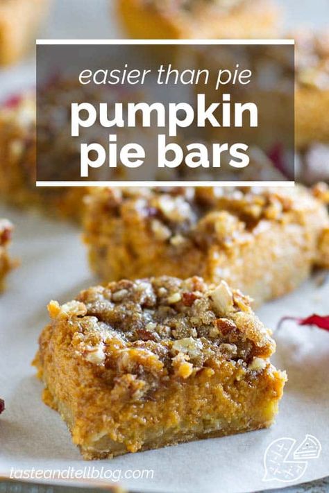 Skip the pumpkin pie this year and go for these Pumpkin Pie Bars that are so much easier to make and to eat! An easy oat crust is topped with a creamy pumpkin filling and a sugary topping to take them over the top. #recipe #pumpkin #pumpkinpie #dessert Sweet Pumpkin Recipes, Oat Crust, Taste And Tell, Pumpkin Filling, Savory Pumpkin, Savory Pumpkin Recipes, Pumpkin Pie Mix, Pumpkin Pie Bars, Recipe Pumpkin