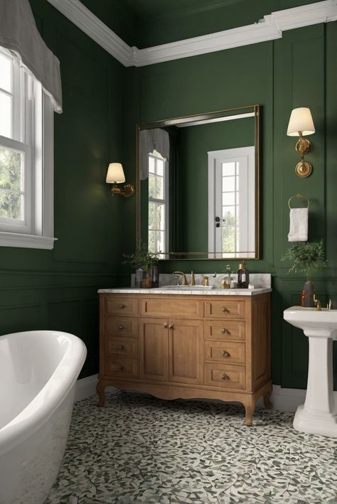 interior design,home decor,interior decorating,wall painting Green Bathroom Walls, Green Powder Room, Emerald Green Bathroom, French Style Bathroom, Dark Green Bathrooms, Bathroom 2024, Classic Bathroom Design, Green Painted Walls, Small Bathroom Colors