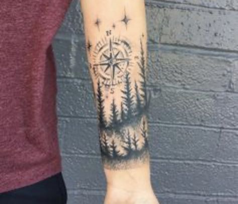 Compass With Trees Tattoo, Tattoo Trees, Natur Tattoo Arm, Outdoor Tattoo, Pinterest Tattoo Ideas, Tattoo Band, Nature Tattoo Sleeve, Shape Tattoo, Forest Tattoos