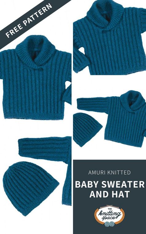 Keep your little one warm all winter by making this comfy set of knitted baby sweater with a matching hat. This classic set makes for a practical handmade baby shower or birthday present to a tot near and dear. | Discover approximately 7,000 free knitting patterns at theknittingspace.com Baby Boy Sweaters To Knit Free Pattern, Knitting Kids Sweaters, Free Baby Sweater Knitting Patterns, Baby Boy Knitting Patterns Free, Kids Sweater Pattern, Boys Knitting Patterns Free, Knitting Patterns Boys, Baby Cardigan Knitting Pattern Free, Kids Knitting Patterns