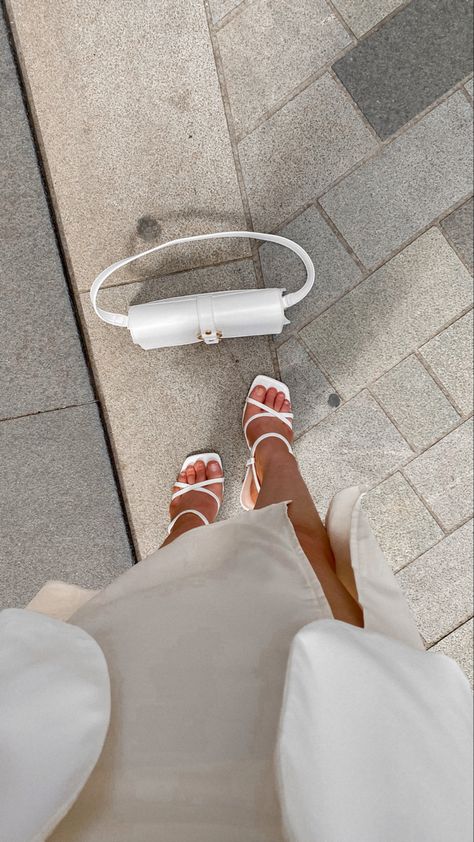 White Strappy Heels and White Handbag Outfit Flatlay White Strappy Heels Outfit, Beige Satin Skirt, White Outfit For Summer, Strappy Heels Outfit, Strappy Sandals Outfit, Luxe Outfit, White Strappy Heels, White Strappy Sandals, Outfit For Summer