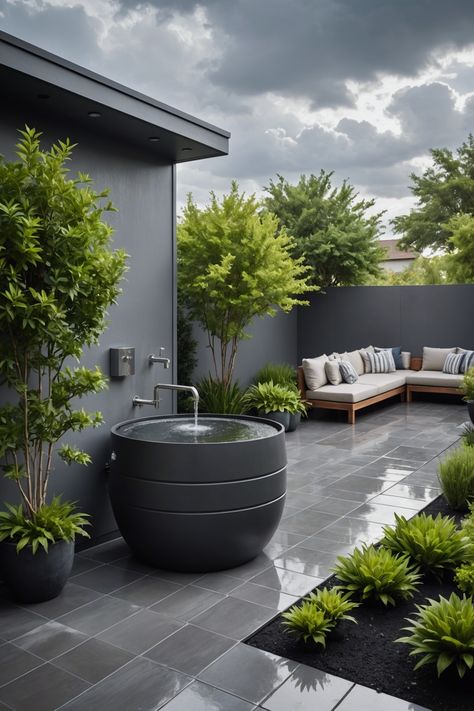 20 Modern Patio Design Ideas In 2024 - Toolz Geek Garden Terrace Design, Outdoor Terrace Ideas, Black Decks, Black Backyard, Bamboo Fountain, Terrace Patio, Terraced Landscaping, Modern Patio Design, Courtyard Gardens Design