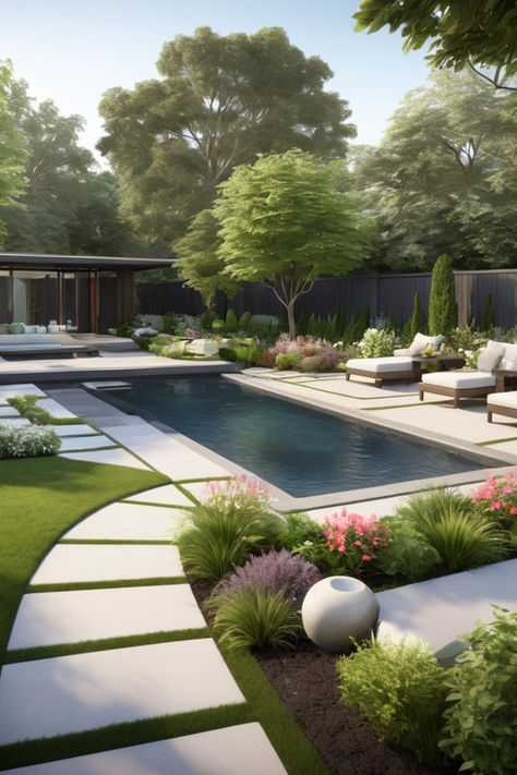 Discover a modern garden oasis featuring a sleek pool surrounded by lush greenery. Stylish sun loungers invite relaxation under the sun, while minimalist design elements ensure an uncluttered, elegant look. The combination of water, vibrant plants, and contemporary decor creates an aesthetically pleasing, tranquil retreat perfect for unwinding. Contemporary Backyard Landscaping Designs With Pool And Outdoor Kitchen, Modern Pool Backyard Design, Modern Backyard Oasis, Garden Next To Pool, Modern Luxury Garden, Modern Backyard Landscaping With Pool, Modern Backyard With Pool, Garden Ideas Aesthetic, Garden Design Aesthetic