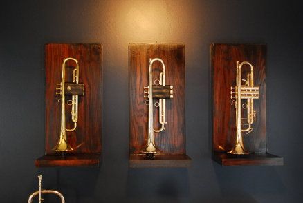 Trumpet Stands Trumpet On Wall, How To Display Instruments, Music Instrument Display, Trumpet Storage, Music Office Room, Teen Music Bedroom, Musical Instruments Aesthetic, Library Hallway, Trumpet Accessories