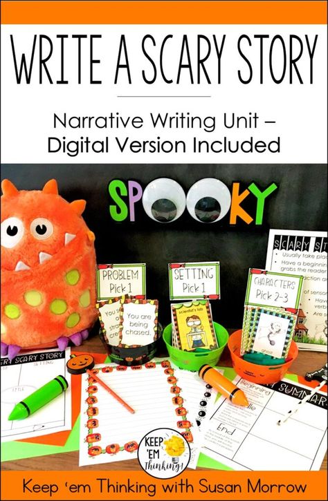 Scary stories are entertaining for kids to write about because it’s exciting to write about something that might make them feel scared, yet they can still feel safe. They love coming up with spooky plots and creepy characters, intended to disturb and entertain their audiences. Keeping students engaged in writing is foolproof when there are choices, tools, and graphic organizers to plan and then write a great scary story. Learn how to get your students in second, third, fourth, and fifth grades t Spooky Stories For Kids, List Of Transition Words, Scary Stories For Kids, Picture Story For Kids, October Writing, Spooky Words, Creepy Characters, Scary Words, Spooky Pictures