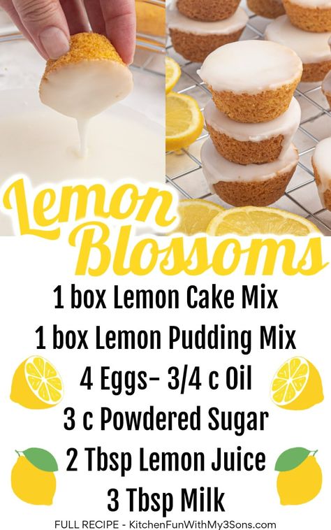 Easy Lemon Blossoms, Lemon Drop Dessert, True Lemon Recipes, Lemon Brunch Recipes, Lemon Drop Cake Bites, Individual Lemon Desserts, Yellow Desserts Ideas, Desserts In Muffin Tins, Lemon Mini Muffins