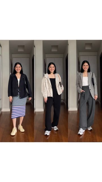 Chynna Beverly Lim on Instagram: "Make it rain-friendly ☔️😴 Outfit 1 • Top - @lovebonioph - Jaelia • Skirt - @uniqlophofficial - Marni x Uniqlo • Sneakers - @loveluxebags - Mansur Gavrila x Vejas • Jacket - @uniqlophoffical - Parka Outfit 2 • Jumpsuit - @lovebonitoph • Sneakers - @newbalancelifestyle via @doublestandard_seoul - 530s • Jacket - old, don’t know the brand Outfit 3 • Bodysuit - @lovebonitoph - Norah • Trousers - @zara • Sneakers - @newbalancelifestyle via @doublestandard_seoul - 530s • Blazer - @unqlophofficial - Men’s Kando Cut Jacket #rainydayoutfit #rainyoutfit #rainoutfitifeas #ootd #closetessentials #capsulewardrobe #ootdinspo #styleinspo #outfitideas #fashiondaily #fashionaddict #whatiworetoday #pinterestfeed #feedaestehtic #styleblog #pinterest #summeraesthetic # Uniqlo Jacket Outfit, Rainy Outfit, Parka Outfit, Uniqlo Jackets, Zara Sneakers, Branded Outfits, Make It Rain, Closet Essentials, Rainy Day Outfit