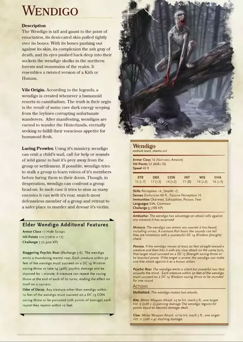 Dnd Enemies, The Wendigo, Dnd Stats, Dnd Character Sheet, Dungeon Master's Guide, Dnd Classes, Dnd Races, Dungeons And Dragons 5e, Dungeons And Dragons Classes