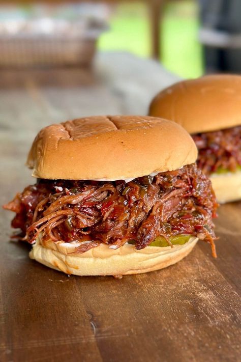 smoked sloppy joes with shredded beef chuck roast Shredded Beef Sloppy Joes, Root Beer Sloppy Joes, Smoked Sloppy Joes, Handheld Sloppy Joes, Sloppy Joe Recipe Camping, Ancho Bbq Sloppy Joes, Smoked Beef Roast, Smokey Sloppy Joe And Provolone, Easy Smoker Recipes