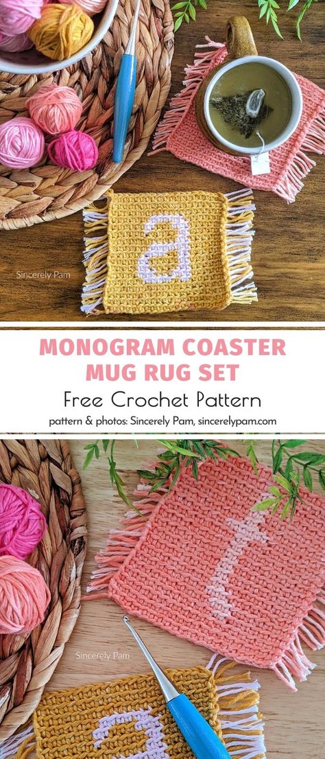 A set of personalized mug rugs is definitely something all the passionate homemakers would love to crochet for their families. If you have always wanted to try tapestry crochet, this pattern is the perfect opportunity to do it.  #freecrochetpattern #mugrug #coaster #crochetcoaster Mug Rug Crochet, Knitted Coasters, Crochet Letters Pattern, Crochet Mug, Crochet Letters, Rug Crochet, Mug Rug Patterns, Monogram Coasters, Crochet Coaster Pattern