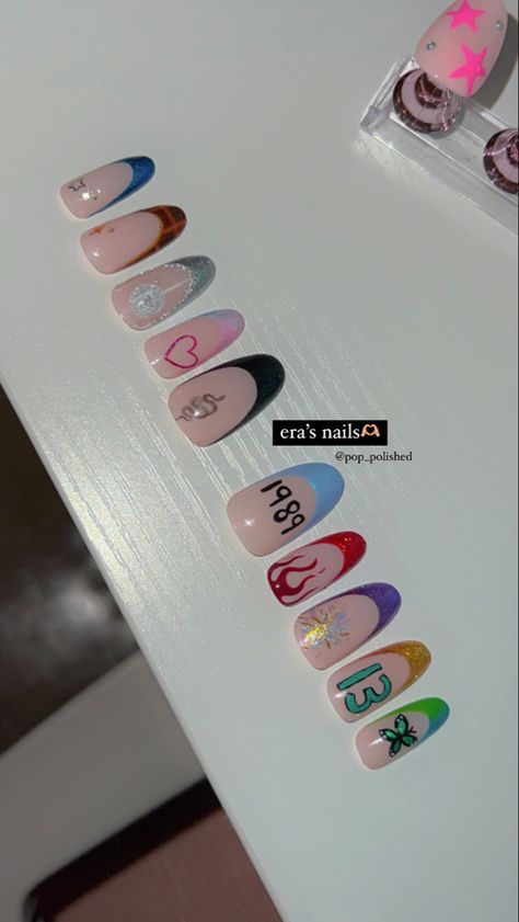 Nail Inspo For Eras Tour, Cute Taylor Swift Nail Ideas, Eras Tour Nail Ideas Debut, Taylor Swift Eras Tour Must Haves, Ears Tour Nail, Taylor Swift Lover Nails French Tip, Taylor Swift Eras Tour Nails French Tip, Taylor Swift Eras Tour Nails Ideas, Era Your Nails