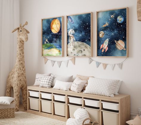 Space Dreams Nursery Decor Set of 3 - Digital Watercolor Prints by SerenePrintStudioCo on Etsy Astronaut Nursery, Solar System Print, Space Themed Nursery, Space Nursery, Dream Nurseries, Space Wall Art, Boys Bedroom Decor, Space Print, Wall Art Set Of 3