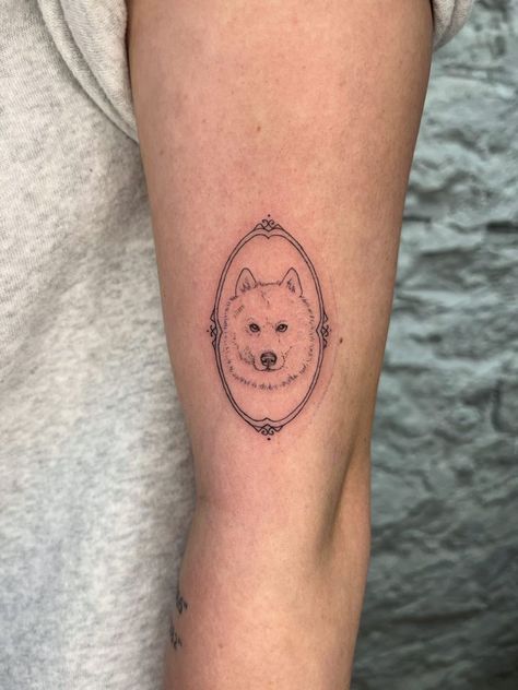 Fine Like Dog Tattoo, Framed Dog Tattoo, Pet Portrait Tattoo Frame, Dog Frame Tattoo, Fine Line Dog Portrait Tattoo, Dog In Frame Tattoo, Cool Dog Tattoos, Dog Tattoo Fine Line, Dog Tattoo Portrait