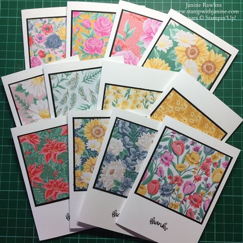 Flowers for Every Season Papers - Quick and Easy Notecards I love Stampin'Up! Designer Series papers and buy them all however I am often stumped by the Easy Greeting Cards, Designer Paper Cards, Paper Crafts Card, Cadeau Diy, Making Greeting Cards, Up Book, Stamping Up Cards, Card Patterns, Get Well Cards