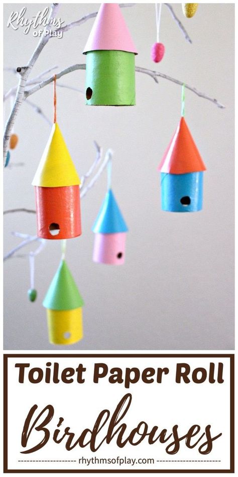 Toilet Paper Roll Birdhouses! This fun craft is perfect for spring! It's a great way to upcycle your toilet paper rolls, too! Simple follow our tutorial and you'll have the cutest spring ornaments to hang on a decorative tree. They're also adorable strung together to create a spring garland! | #RecycledCraft #KidsCraft #ToiletRollCraft Toilet Paper Roll Bird House, Upcycled Birdhouses, Easy Recycled Crafts, Spring Ornaments, Birdhouse Ornament, Spring Garland, Fun Diy Projects, Library Crafts, Birdhouse Ornaments