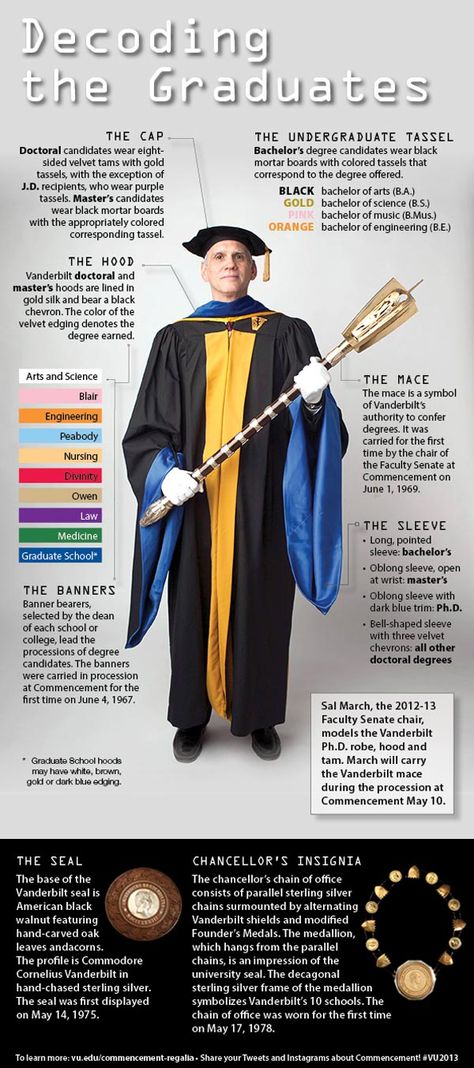 Infographic: Decode the regalia and symbols of Vanderbilt Commencement Phd Graduation Dress, Graduation Dress Doctorate, Doctoral Graduation Outfit, Graduation Gown Ideas, Professor Humor, Graduation Gowns And Caps, Graduation Gown Colors, Blue Graduation Gown, Convocation Dress