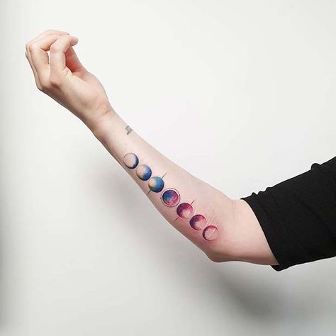 41 Moon Phases Tattoo Ideas to Inspire You | Page 3 of 4 | StayGlam Sun And Moon Phase Tattoo, Moon Phase Sleeve Tattoo, Moon Phases Watercolor Tattoo, Red Moon Phases Tattoo, Spinal Tattoo Moon Phases, Its Just A Phase Moon Tattoo, Moon Fazes Tattoos, Moon Tattoo Color, Moonphase Tattoo