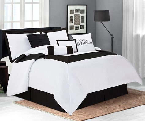 Aprima Hotel Black 8-Piece Comforter Sets at Big Lots. Black And White Bedroom Ideas, Black Comforter Sets, Black And Grey Bedroom, Bedroom Ideas Black, Black White Bedrooms, White Wall Bedroom, Bedroom Comforter Sets, Black And White Bedroom, Black Comforter