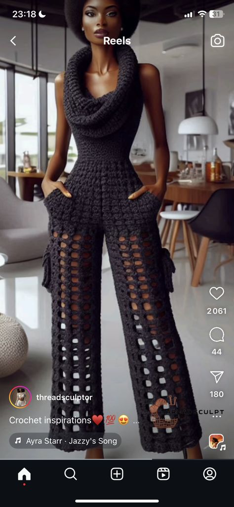 Weird Crochet, Crochet Jumpsuit, Judy Moody, Crochet Jumpsuits, Contemporary Loft, Crochet Outfits, Elegant Crochet, Crochet Pants, Crochet Barbie Clothes