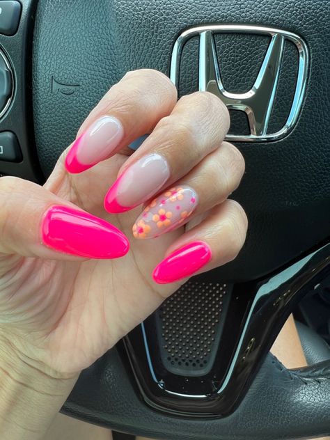 Nails Almond Bright, Summer Acrylic Nails Orange And Pink, Neon Nails Almond Shape, Pink And Orange Spring Nails, Neon Pink Almond Nails, Spring Nails Bright, Pink And Orange Flower Nails, Bright Summer Nails Almond Shape, Hot Summer Nails Neon