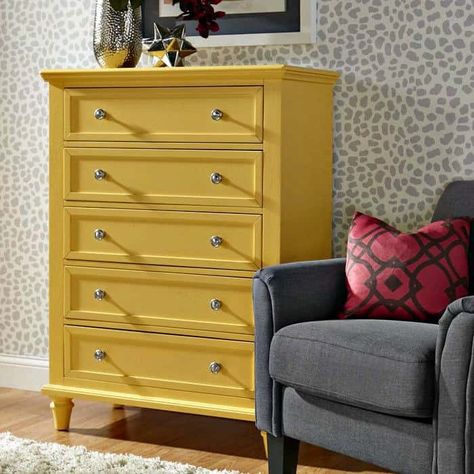 Yellow furniture can brighten an entire room. Find yellow painted furniture ideas or yellow bedroom furniture ideas. A yellow chair can set a room apart. These yellow dressers and yellow accent chairs are sure to turn heads whether you want a small pop of color or an entire yellow living room. #yellowfurniture #yellowchair #yellowbedroom #yellowdresser #yellownightstand Yellow Chest Of Drawers, Yellow Painted Furniture, Yellow Bedroom Furniture, Yellow Dresser, Yellow Furniture, Painted Bedroom Furniture, Apartment Goals, Yellow Chair, Yellow Living Room