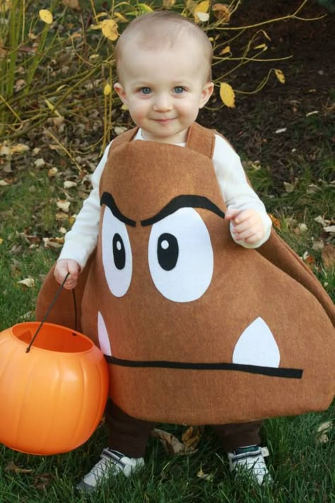 Adorable Goomba costume for a toddler - perfect on its own or with a Mario and Luigi Diy Goomba Costume, Homemade Mario Costume, Mario Diy Costume, Mario Star Costume, Goomba Costume, Mario Family Halloween Costumes, Baby Mario Costume, Mario Characters Costumes, Mario Character Costumes