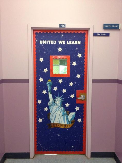 My new patriotic classroom door - I love the 'united we learn' phrase! America Themed Classroom, Americana Classroom Theme, Patriotic Classroom Door, Social Studies Door Decorations, Civics Classroom Decorations, Usa Classroom Theme, History Door Decorations, Patriotic Classroom Theme, Civics Classroom