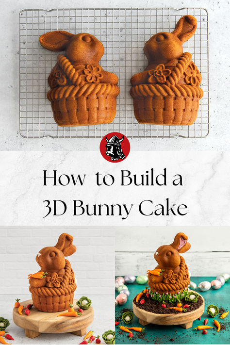 3D bunny vanilla pound cake split in two halves on a wire rack. 3D bunny cake assembled an a cake stand with fondant decorations. Easter Desserts Cake, Vanilla Pound Cake Recipe, Bunny In Basket, Bunny Cake Pan, Vanilla Pound Cake, 3d Bunny, Cake Leveler, 3d Cake, Almond Bark