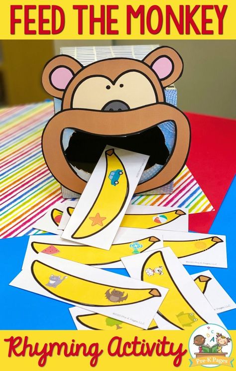 Phonological Activities, Feed The Monkey, Phonemic Awareness Games, Rhyming Preschool, Phonological Awareness Activities, Pre K Pages, Early Literacy Activities, Rhyming Activities, Activities For Preschool