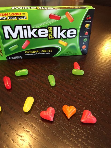 I couldn't find heart shaped Mike and Ikes, so my husband took matters into his own hands. Mike N Ike, Mike And Ike, Gum, Heart Shapes, Valentines Day, Candy, Valentines, Snacks, Fruit