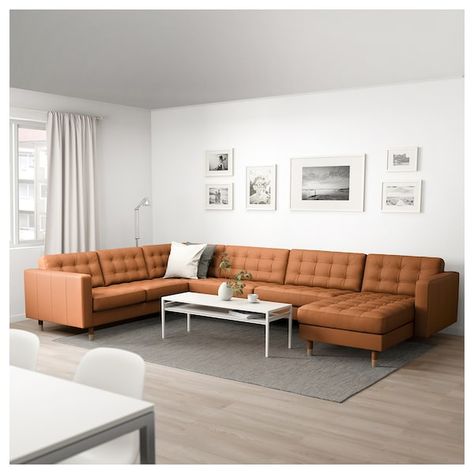 LANDSKRONA Sectional, 5-seat - with chaise, Grann/Bomstad golden brown/wood - IKEA Ikea Landskrona, Sofa Kulit, Sofa Chesterfield, Set Meja Makan, Sofa L, Set Sofa, Living Room Accessories, Ikea Family, Small Space Living