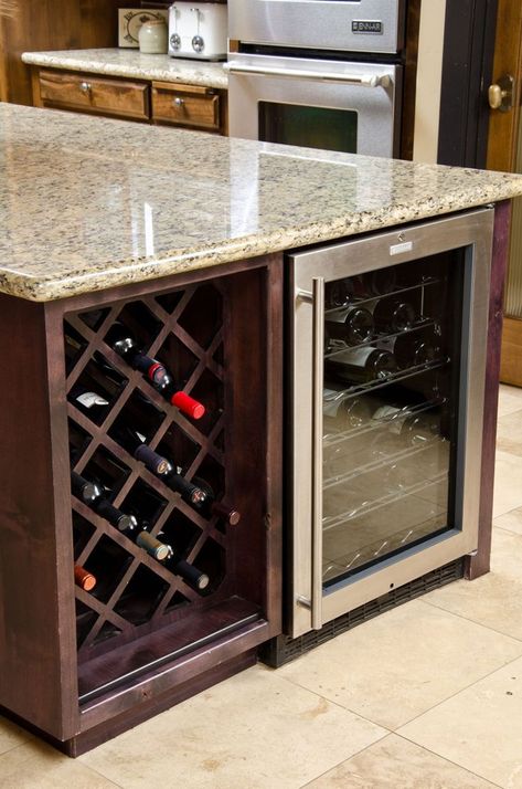 ... jenn air wine cooler with built in wine rack located in the kitchens Unfinished Cabinets, Built In Wine Rack, Wine Kitchen, Kitchen Island Decor, Diy Kitchen Island, Kitchen Island Design, Creative Storage, Kitchen Decorating, Counter Tops